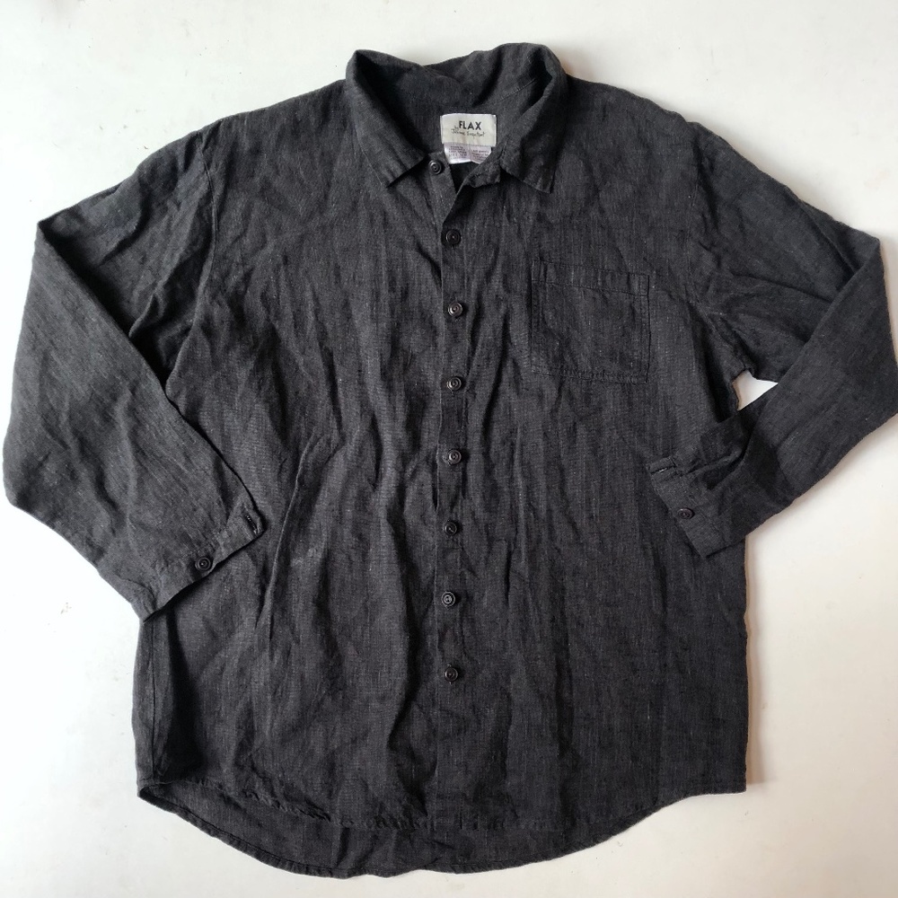 Flax Long Sleeve Button-Down Linen Shirt in Charcoal